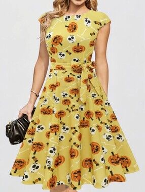Dress Tells Halloween Pumpkin Skull Fit & Flare Midi Dress M